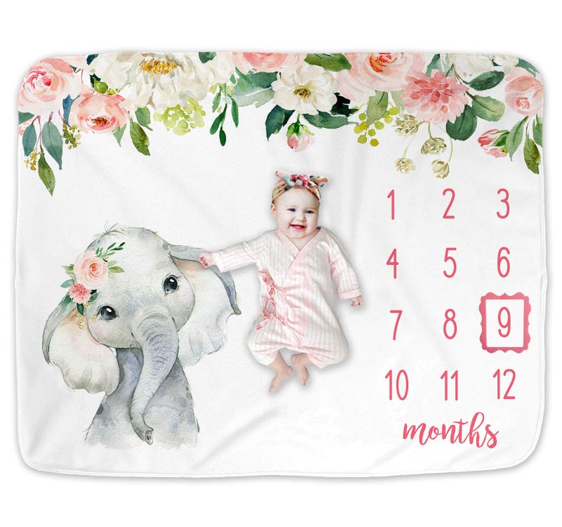 Popfavors Floral Elephant Baby الشهرية Milestone Blanket Jungle Elephant Girl's Soft Fleece Blanket Monthly Milestone بطانية فتاة الفيل الحضانة الرضع حديثي الولادة يتضمن علامة (أبيض 50 × 40 بوصة) - Image 1